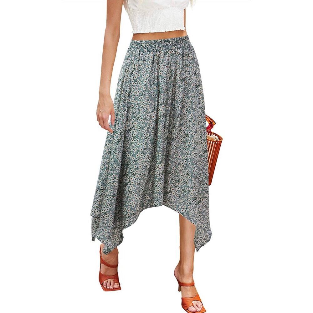 🍒 2/$20 🍒 Hibluco Womens Asymmetrical High Waist Midi Skirt Green Floral L